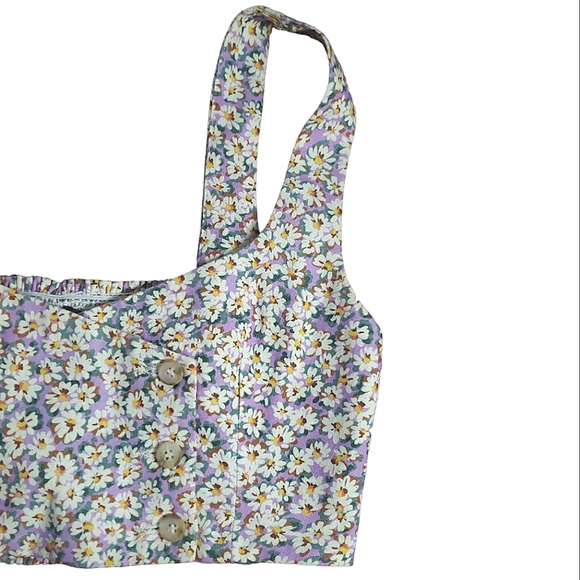 Zara Linen Blend Ditsy Floral Smocked Back Button Front Crop Top S Purple White - Picture 5 of 16